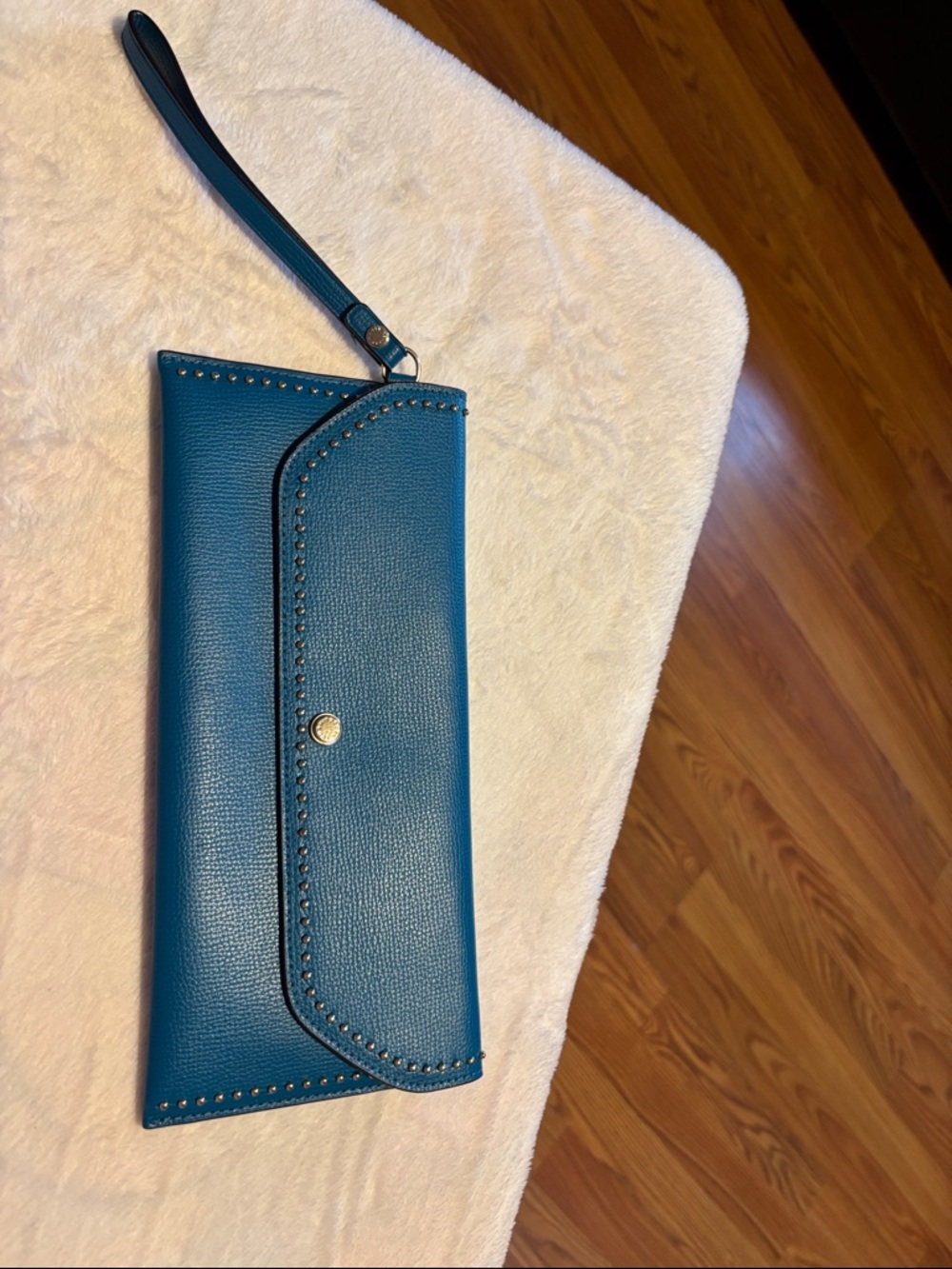 henri bendel Teal Leather Wristlet Clutch with Stud Trim